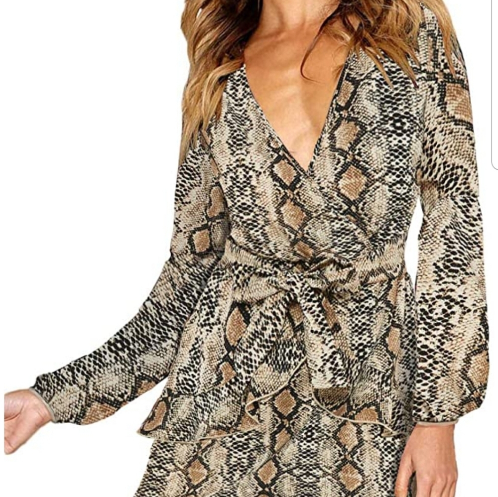 Snakeprint Deep V Mini Dress w/Belt